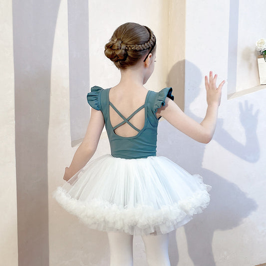 Girls Ballet Tutu Skirt green kid's Jumpsuit Training Clothes Leotard For Gymnastics Skate Princess Long/short Sleeve Top