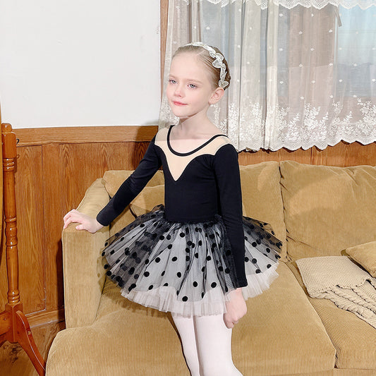 Black Dots Girls Training Skirt Children's Dance Clothes Grading Split Ballet Dress Kids Leotard For Gymnastics Long Sleeve Soft
