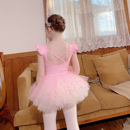 Premium Pink children Performance Costume Girl Ballet Leotards with Dot Gauze Skirt two pieces sets dance Costume