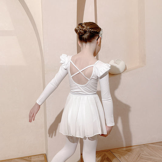 Girl white Ballet Leotards with Chiffon Skirt  Autumn and winter kids Detachable Tutu Dance Costume Dance Performance Clothing