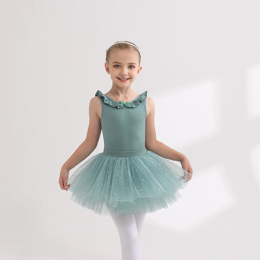 Green bare back kids Sparkly chiffon Dance Dress Detachable Tutu Dance Costume for girls  Ballerina Outfit