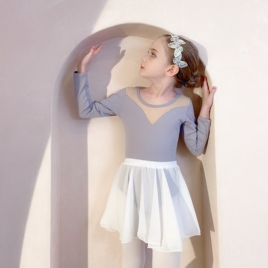 Slate Gray kids Dance Costume  Girl Ballet Leotards with white Chiffon Skirt cotton Jumpsuit short/long sleeve Ballet  dress