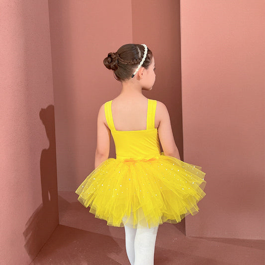 kids Sparkly chiffon Dance Dress yellow Sling Princess dress etachable Tutu Dance Costume Performance Costume