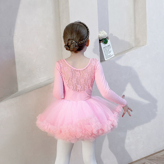 Girls pink Ballerina Autumn and winter Outfit Princess Little Swan Artistic Skate wears short/long sleeve Ballet Gauze Dress