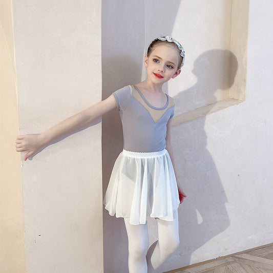 High quality Girl Grey Ballet Leotards with white chiffon dance Skirt  kids Detachable Dance Costume Training Performance Costume
