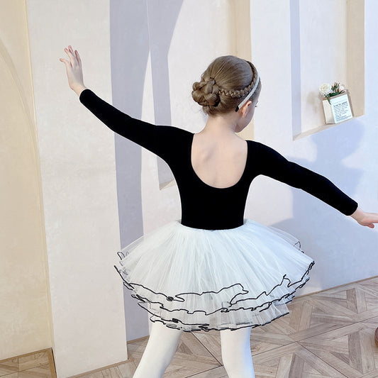 Black Backless Girls' Ballet Dress 4 Layers Silk Dance Clothes Grading Split Ballet Dress for Kids Leotard Gymnastics Long Sleeve