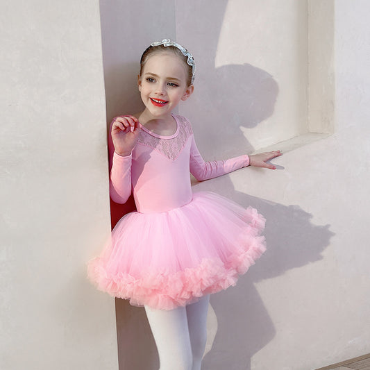 Girls pink Ballerina Autumn and winter Outfit Princess Little Swan Artistic Skate wears short/long sleeve Ballet Gauze Dress