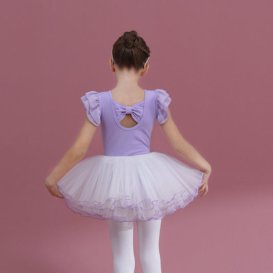 Girls Flutter Sleeve Ballet Leotards with white tutu skirt  Detachable kids Princess Dance Costume Butterfly Back