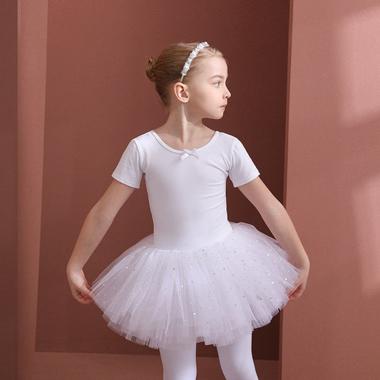 kids Detachable Tutu Dance Costume white short/long sleeve Girls Ballet Gauze Dress Sparkly chiffon Round neck Dance Dress