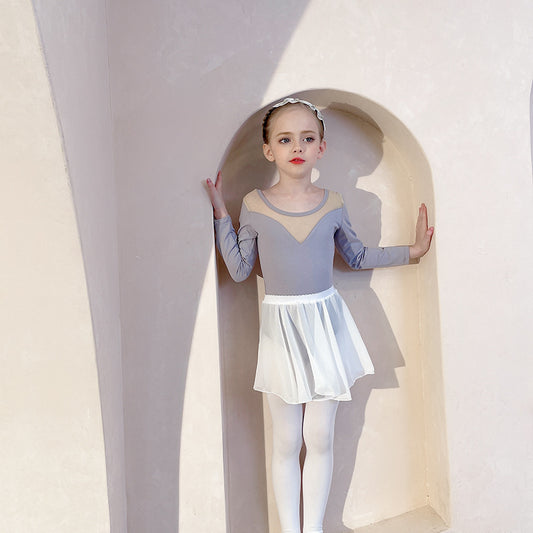 Slate Gray kids Dance Costume  Girl Ballet Leotards with white Chiffon Skirt cotton Jumpsuit short/long sleeve Ballet  dress
