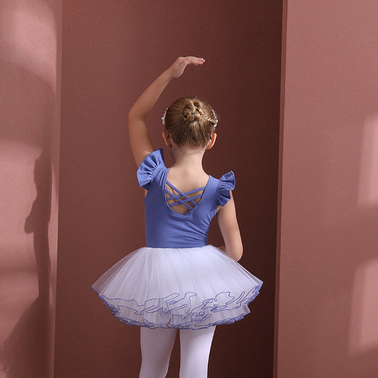 Blue kids Detachable Tutu Dance Costume girl's ballet Princess dress Practice Dress Up Crisscross Back long sleeve/sleeveless
