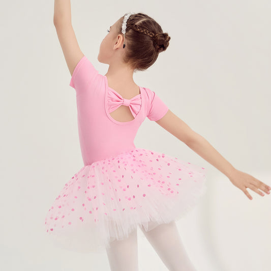 Pink dots Girl Ballet Princess dress  Detachable Tutu Dance Costume short sleeve cotton Ballerina Outfit