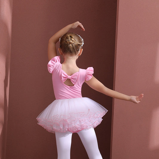 Girls Flutter Sleeve Ballet Leotards Princess dress kids Ballet Leotards with Skirt Practice Dress Up cotton bow tie Back