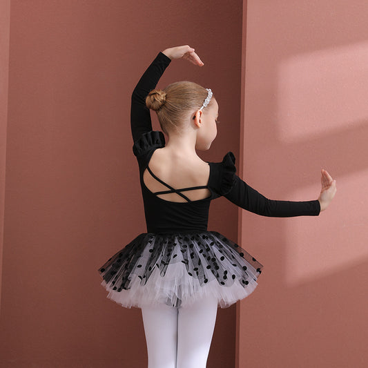 Black long-sleeved ballet dress suits for girls cotton kids leotards dance tutu skirt Crossed-back gymnastics suit