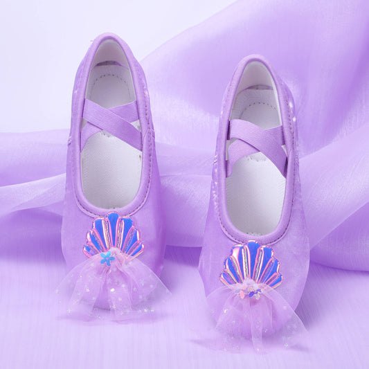 Purple children's dance shoes, soft-bottom practice shoes, cute shell-netted stage dancing shoes, ballet shoes