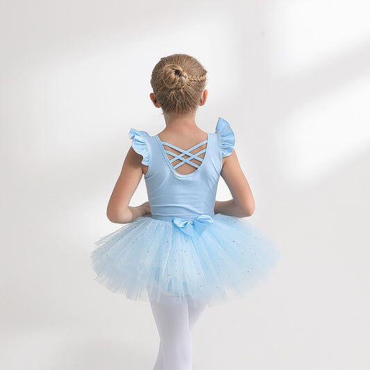 Sky blue Girl Ballet Leotards with Gauze Skirt Detachable kids Flutter Sleeve  Ballet  dance Princess dress