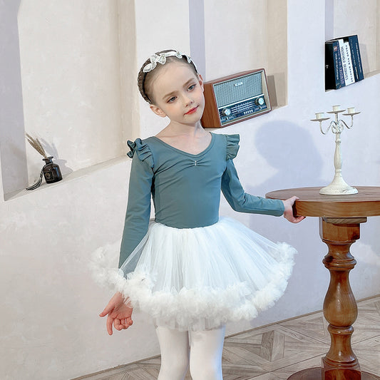 Girls Ballet Tutu Skirt green kid's Jumpsuit Training Clothes Leotard For Gymnastics Skate Princess Long/short Sleeve Top