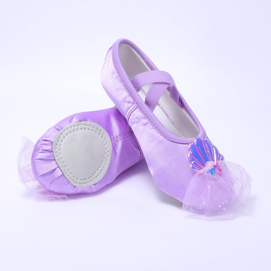Purple children's dance shoes, soft-bottom practice shoes, cute shell-netted stage dancing shoes, ballet shoes