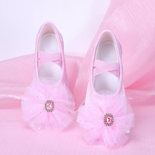 Pink children's dance shoes, girls' flower-patterned dancing shoes, cute cat-claw shoes for stage performances