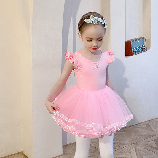 Girls dance Princess dress pink Detachable Tutu Dance Costume kids Ballerina Outfit  Crisscross Back Flutter Sleeve