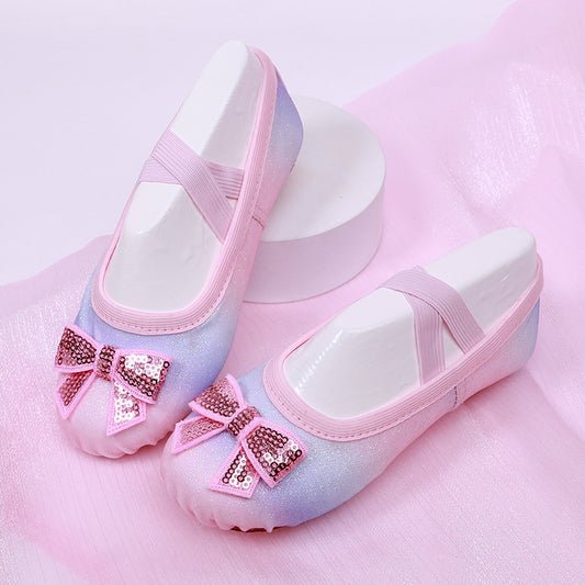 Gradient-color children's dance shoes, pink bow-buckle ballet shoes, anti-slip cat-clip shoes, professional performance shoes
