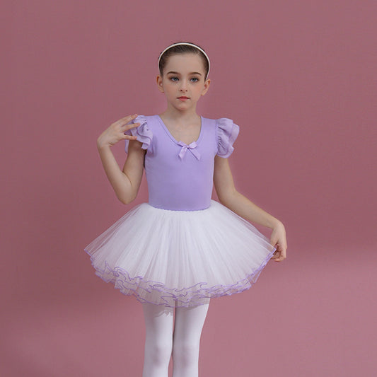 Girls Flutter Sleeve Ballet Leotards with white tutu skirt  Detachable kids Princess Dance Costume Butterfly Back