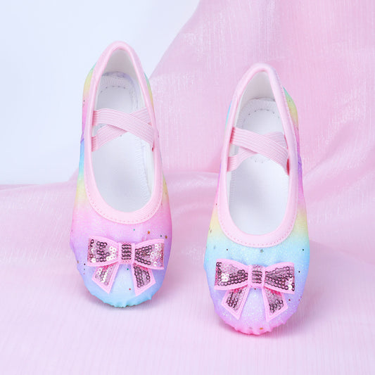 Cute soft-soled dance shoes, children's ballet shoes, rainbow-colored bow-tie soft-soled cat-claw shoes, anti-slip yoga shoes