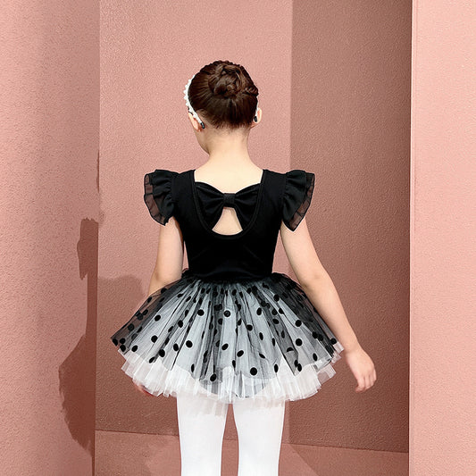 Princess dance dress for kids  Little Swan Artistic Skate wears Black dots Flutter Sleeve Ballet Leotards with tutu Gauze Skirt