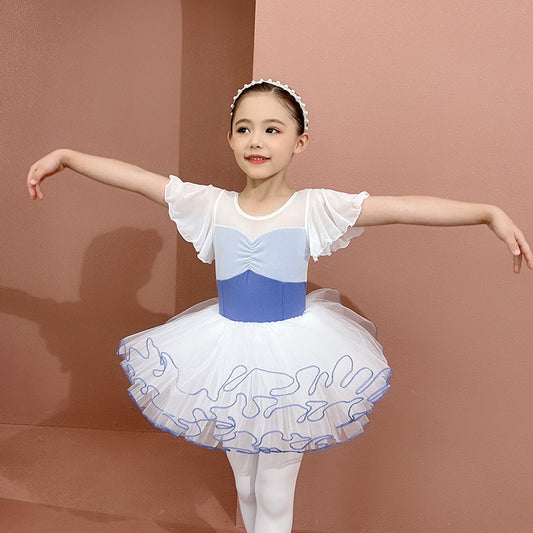 Girls Flutter Sleeve Ballet Leotards with TUTU Gauze skirt Detachable Tutu Dance Costume kids dance Practice Dress