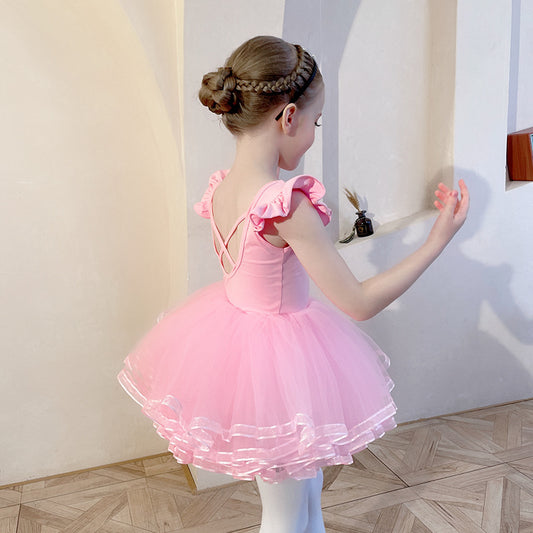 Girls dance Princess dress pink Detachable Tutu Dance Costume kids Ballerina Outfit  Crisscross Back Flutter Sleeve