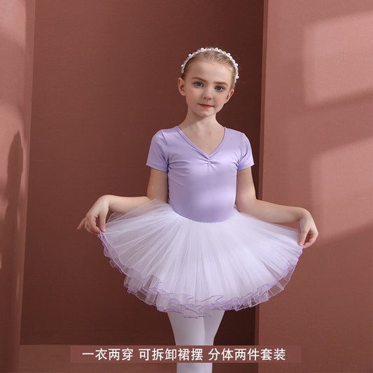 Girls Ballet Leotards with 4 layers of gauze Skirt bowknot Back Detachable Tutu Dance Costume for kids light purple