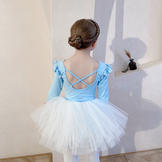 Ballet Leotards 4 Layers Puffy Tutu Skirt  for girls short/long slevee Dance Dancer Outfit Rhythmic Gymnastics Bodysuit Dress bule