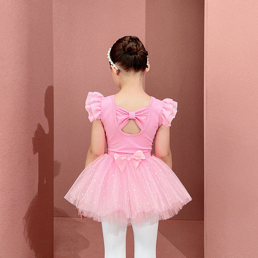 Ballet Dancewear for Girl -Tutu Dress fly Sleeve Leotard Ruffle Neck Swan Lake Party Costumes Ballerinas Pink