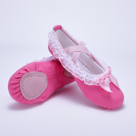 Lace trim magenta dance shoes, children's ballet shoes, baby dancing shoes, cute cat-claw shoes for stage performances