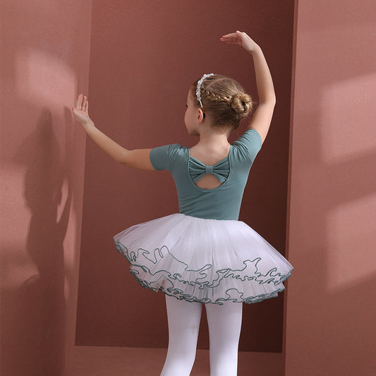 Kids' Ballet Dress Detachable Dance Costume for girls Short/Long Sleeves White 4-layer Silk  Bow Back Green