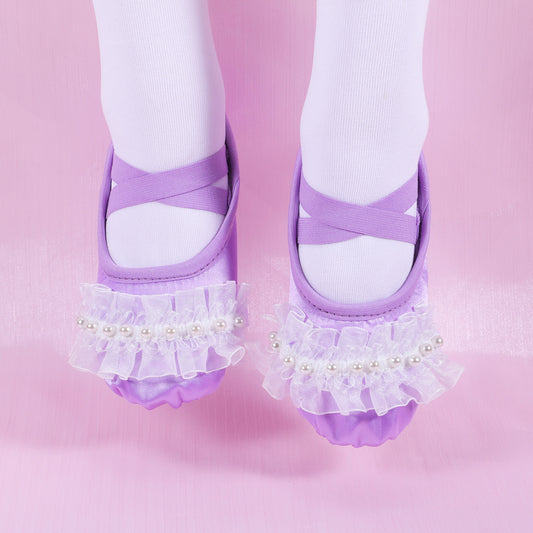 Lace ballet shoes, kids' pearl dance shoes, anti-slip soft-soled shoes, performance shoes, purple/blue padded version