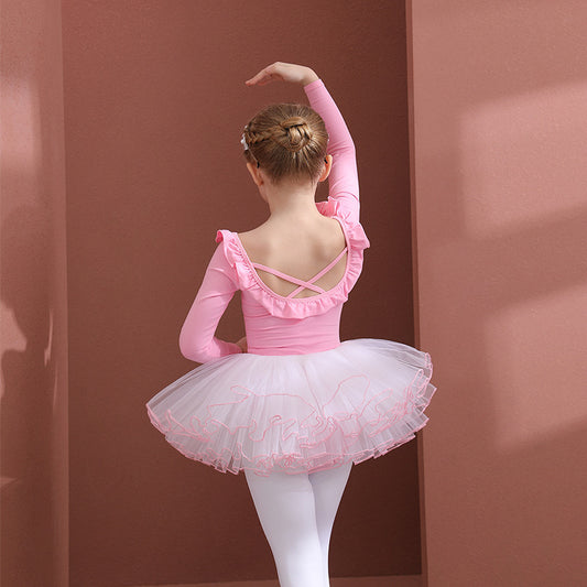 Pink backless kids Ballet Leotards with Skirt Ballerina Outfit for girls Princess Little Swan Artistic Skate wears long sleeve/sleeveless