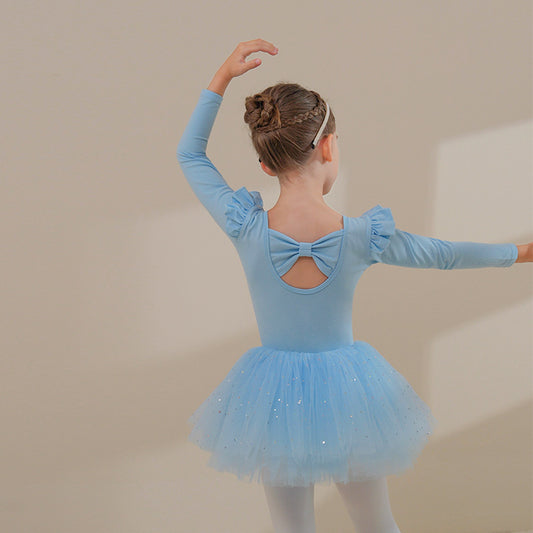 Blue long-sleeved shirt Girl Ballet Leotards with Skirt  Ballerina Outfit for kids Princess dress cotton long sleeve