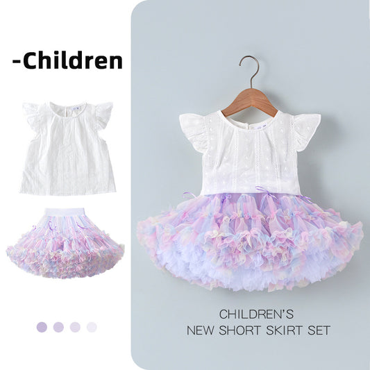 Rainbow tutu skirt with white T shirt-toddler/kids/baby girl dance skirt set/short skirt