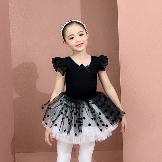 Princess dance dress for kids  Little Swan Artistic Skate wears Black dots Flutter Sleeve Ballet Leotards with tutu Gauze Skirt