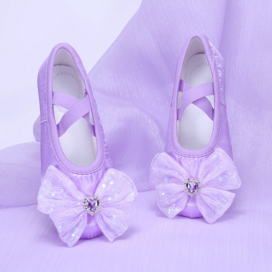 Purple satin dance shoes,sequined large bow ballet dancing shoes, girls' soft-soled cat claw shoes,cute performance shoes