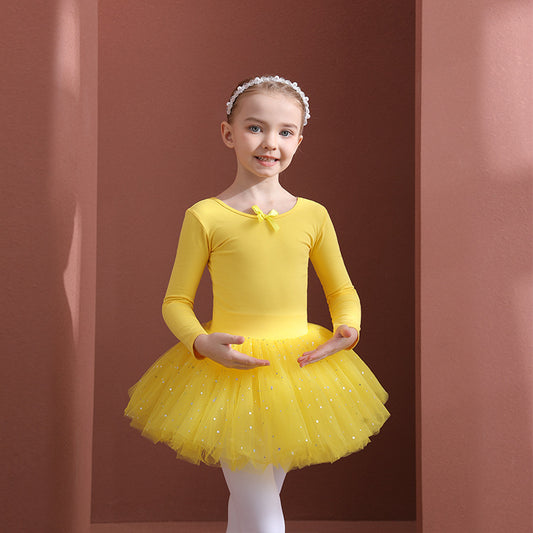 Kid's dance costumes Long-sleeved girls' practice dress for ballet - Pure cotton yellow ballet dress fitness clothing
