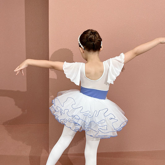 Girls Flutter Sleeve Ballet Leotards with TUTU Gauze skirt Detachable Tutu Dance Costume kids dance Practice Dress