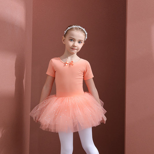 Orange girl ballet dress Kids Leotards Dance Tutu Skirt - Gymwear Professional Tutu Outfit Ballerina short-sleeved cotton