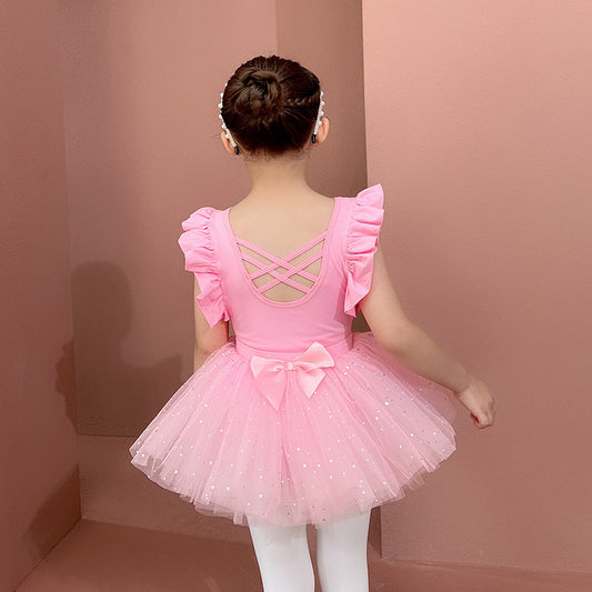 Kids Flutter Sleeve Ballet Leotards Pink  Detachable Tutu Dance Costume for girls  cotton Ballerina Outfit Gauze Dress