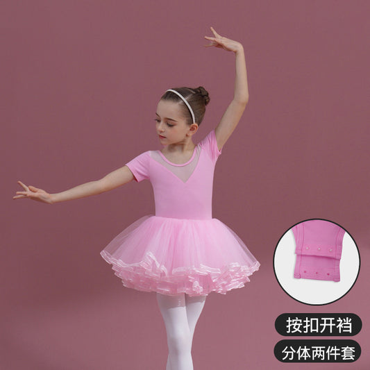 Pink Girl Ballet Leotards with tutu Skirt  Detachable Princess Little Swan Artistic Skate wears dance Practice Dress