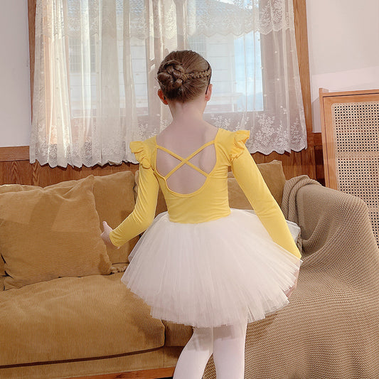 High quality Yellow long-sleeved shirt Girl Ballet Leotards with white tutu Skirt  Princess dress suits children Ballerina Outfit