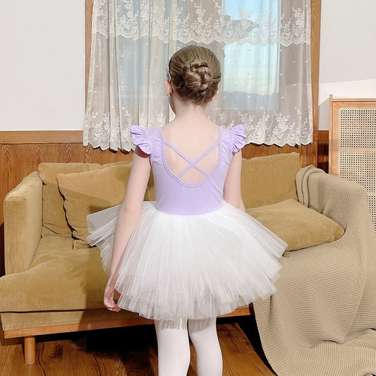 Purple Girl Ballet Leotards cotton dance jumpsuit for kids Flounced sleeves Training Performance Costume