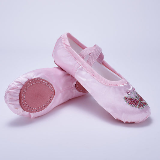 Butterfly embroidery dancing shoes, pink children's soft-soled shoes, girls' anti-slip ballet cat-ear shoes