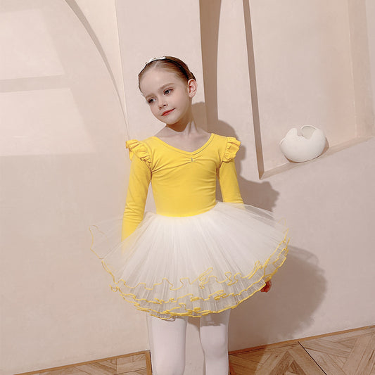 High-quality yellow children Ballet dress Detachable set  Dance cotton Leotards with white Skirt